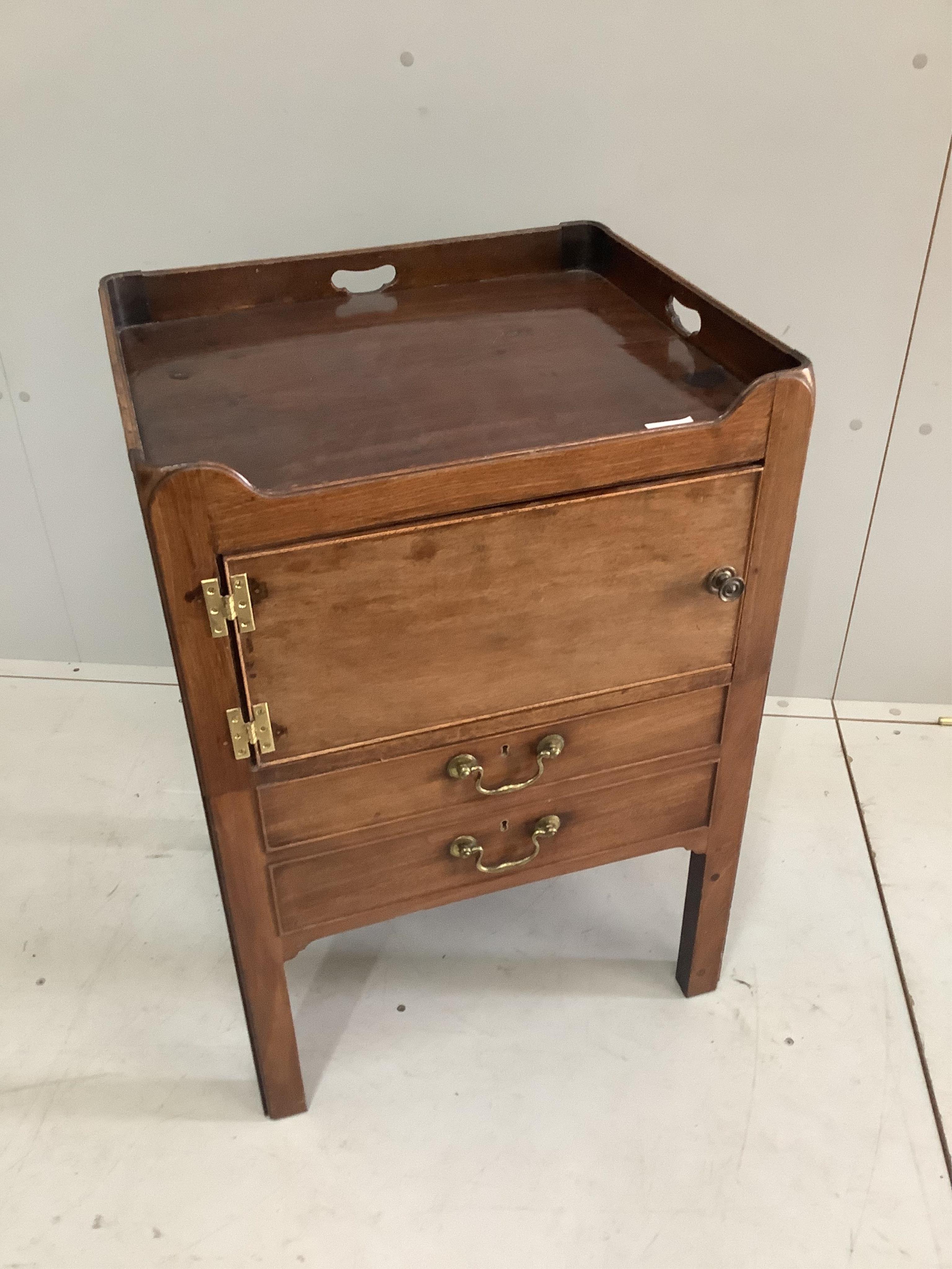 A George III mahogany tray top bedside cabinet, width 53cm, depth 45cm, height 76cm. Condition - fair